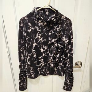 Karma “San Suu” Asymmetrical Ruffle Mock Neck Athletic Jacket | Marble Print